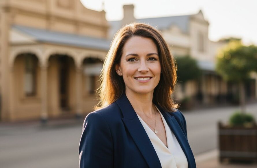 Dynamic Professional Headshots Sebastopol Victoria for Career Growth showing a confident professional illuminated by dramatic golden hour light, standing against a blurred historic Sebastopol streetscape, reflecting ambition and expertise.