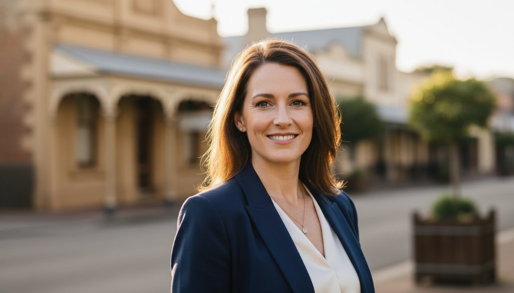 Dynamic Professional Headshots Sebastopol Victoria for Career Growth showing a confident professional illuminated by dramatic golden hour light, standing against a blurred historic Sebastopol streetscape, reflecting ambition and expertise.