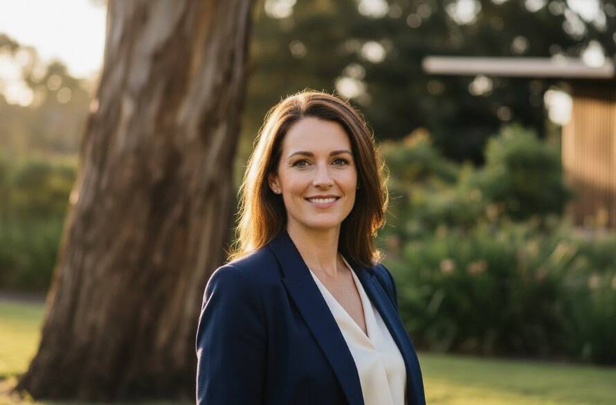 A confident female executive, illuminated by dramatic golden hour light, smiles genuinely while standing amidst the lush greenery of a Donvale park, embodying the essence of dynamic professional portraits Donvale leaders in an epic, cinematic style.