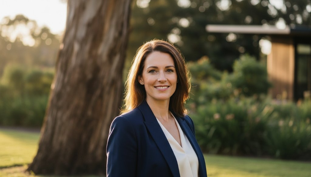 A confident female executive, illuminated by dramatic golden hour light, smiles genuinely while standing amidst the lush greenery of a Donvale park, embodying the essence of dynamic professional portraits Donvale leaders in an epic, cinematic style.