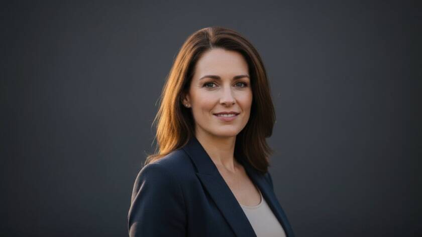 A captivating, high-contrast black and white photograph of a young professional woman in a dynamic pose, her expression confident and intense, captured during a professional studio photography session in Burnside, Victoria, showcasing the power of dynamic professional studio portraits Burnside Victoria with dramatic, cinematic lighting.