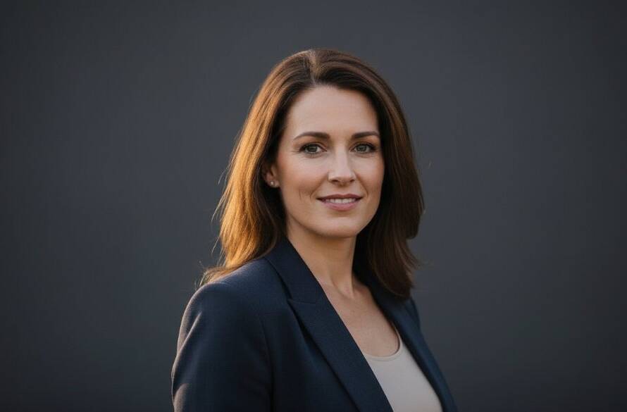 A captivating, high-contrast black and white photograph of a young professional woman in a dynamic pose, her expression confident and intense, captured during a professional studio photography session in Burnside, Victoria, showcasing the power of dynamic professional studio portraits Burnside Victoria with dramatic, cinematic lighting.