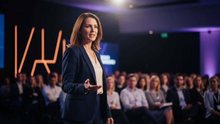 Dramatic, low-angle shot capturing the peak of a speaker's passionate address at a bustling business conference in Rowville, Victoria, showcasing dynamic Rowville Victoria event editorial photography in action. The image features sharp focus on the speaker against a softly blurred, engaged audience, with professional lighting highlighting their expressive face and gestures.