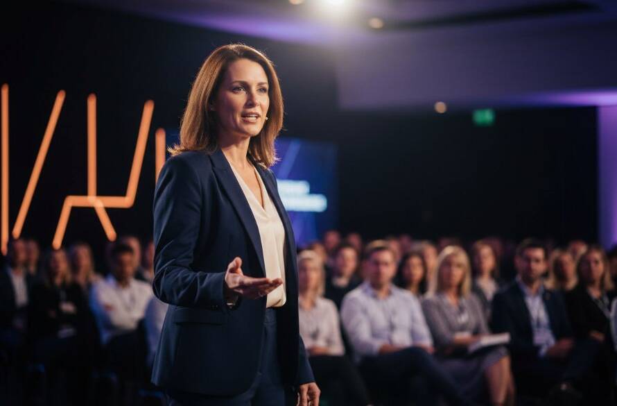 Dramatic, low-angle shot capturing the peak of a speaker's passionate address at a bustling business conference in Rowville, Victoria, showcasing dynamic Rowville Victoria event editorial photography in action. The image features sharp focus on the speaker against a softly blurred, engaged audience, with professional lighting highlighting their expressive face and gestures.