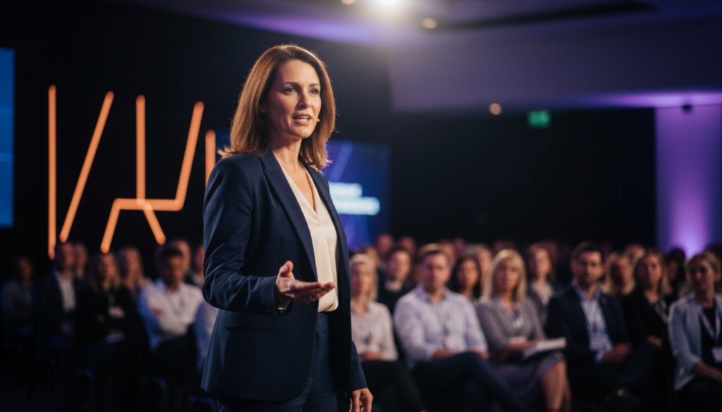 Dramatic, low-angle shot capturing the peak of a speaker's passionate address at a bustling business conference in Rowville, Victoria, showcasing dynamic Rowville Victoria event editorial photography in action. The image features sharp focus on the speaker against a softly blurred, engaged audience, with professional lighting highlighting their expressive face and gestures.
