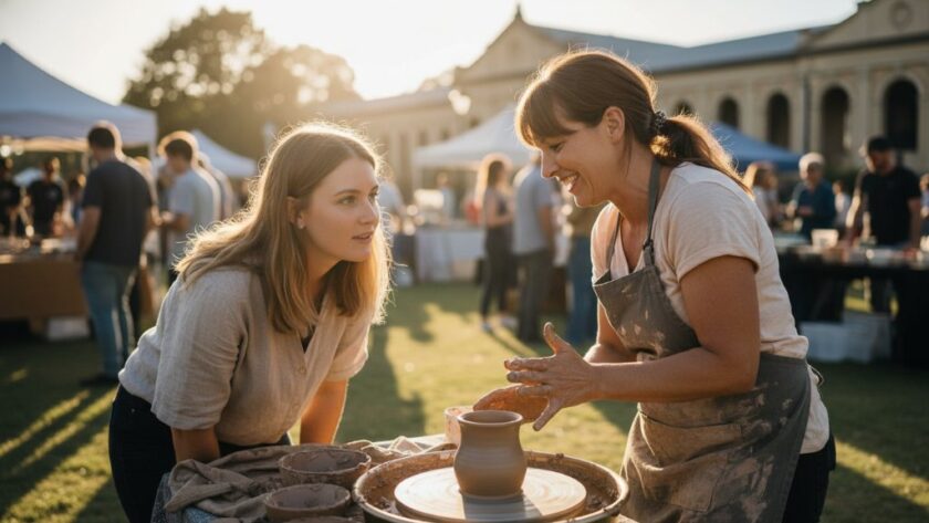 An energetic wide-angle shot of a local business owner in Sale, Victoria, actively engaging with customers at a vibrant farmers market, perfectly showcasing the dynamic Sale Victoria editorial photography for local businesses capturing a genuine connection.