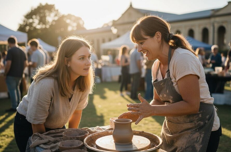 An energetic wide-angle shot of a local business owner in Sale, Victoria, actively engaging with customers at a vibrant farmers market, perfectly showcasing the dynamic Sale Victoria editorial photography for local businesses capturing a genuine connection.