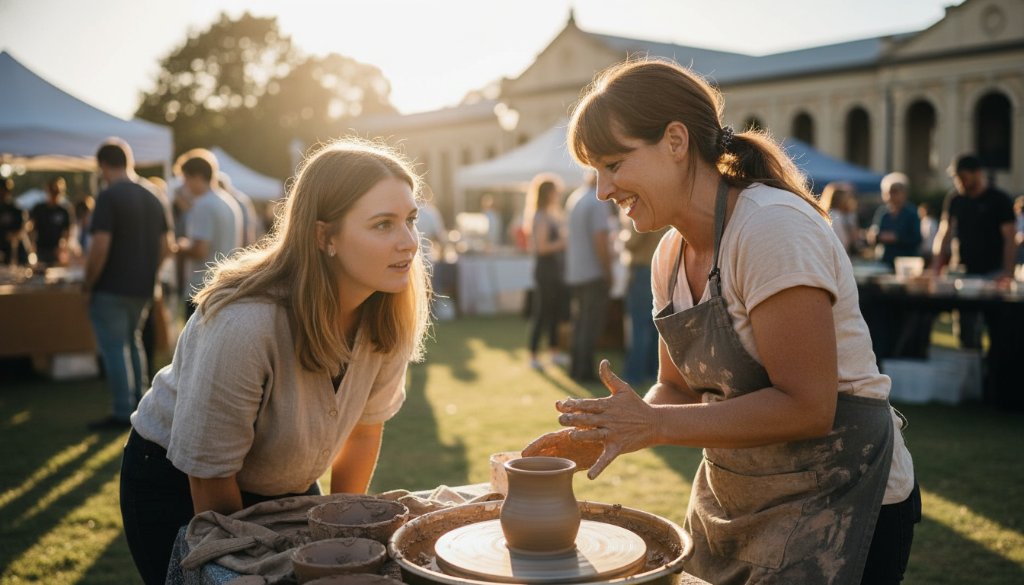 An energetic wide-angle shot of a local business owner in Sale, Victoria, actively engaging with customers at a vibrant farmers market, perfectly showcasing the dynamic Sale Victoria editorial photography for local businesses capturing a genuine connection.