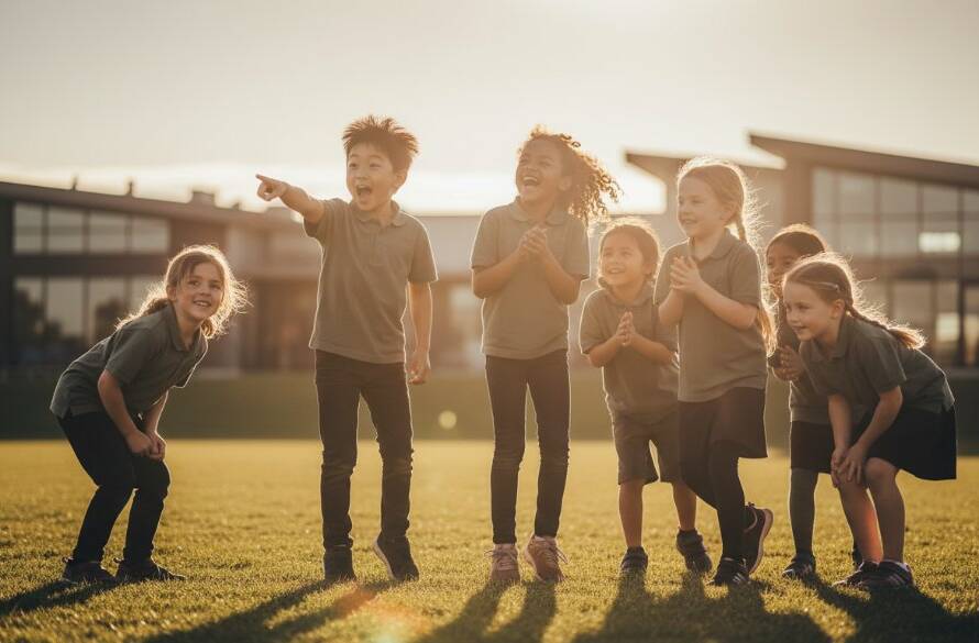 An epic moment captured in dynamic school photography Williams Landing Victoria, showing a group of primary school children laughing joyfully during an outdoor sports day, with the modern architecture of Williams Landing in the soft-focus background at golden hour, dramatic backlighting highlighting their expressions.