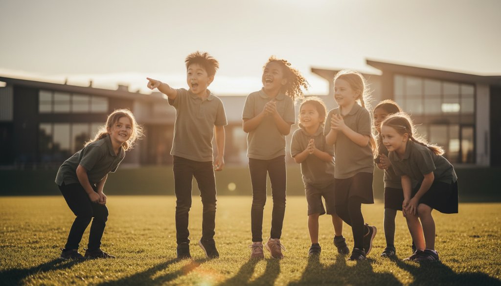 An epic moment captured in dynamic school photography Williams Landing Victoria, showing a group of primary school children laughing joyfully during an outdoor sports day, with the modern architecture of Williams Landing in the soft-focus background at golden hour, dramatic backlighting highlighting their expressions.