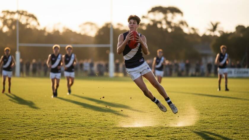 A wide-angle, low-angle shot of a young athlete mid-air, scoring a winning goal during a local football match in Blackburn North, bathed in golden hour light, perfectly illustrating dynamic sports photography Blackburn North events with intense focus and celebratory emotion.