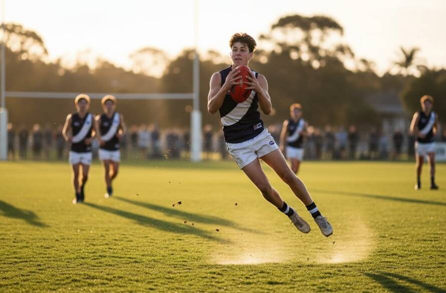 A wide-angle, low-angle shot of a young athlete mid-air, scoring a winning goal during a local football match in Blackburn North, bathed in golden hour light, perfectly illustrating dynamic sports photography Blackburn North events with intense focus and celebratory emotion.