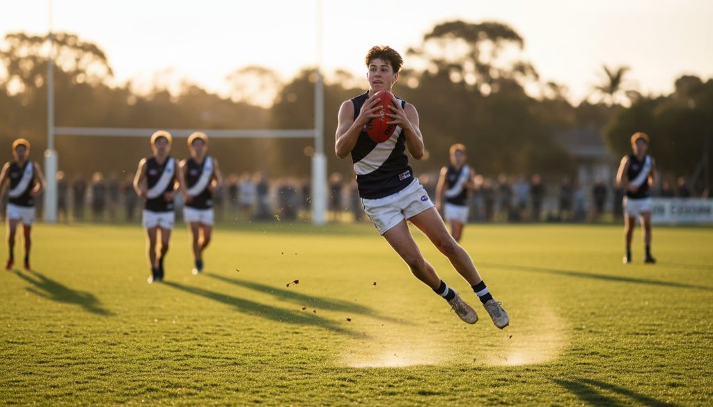 A wide-angle, low-angle shot of a young athlete mid-air, scoring a winning goal during a local football match in Blackburn North, bathed in golden hour light, perfectly illustrating dynamic sports photography Blackburn North events with intense focus and celebratory emotion.