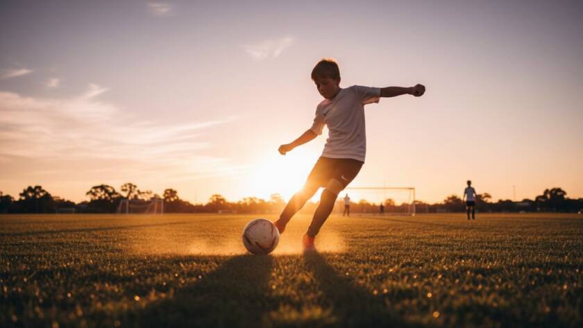 A stunning wide-angle shot capturing the intense focus of a junior soccer player mid-kick during a sunset match at a local oval in Blackburn South, Victoria, showcasing dynamic sports photography in Blackburn South Victoria with dramatic lighting and vibrant colours.
