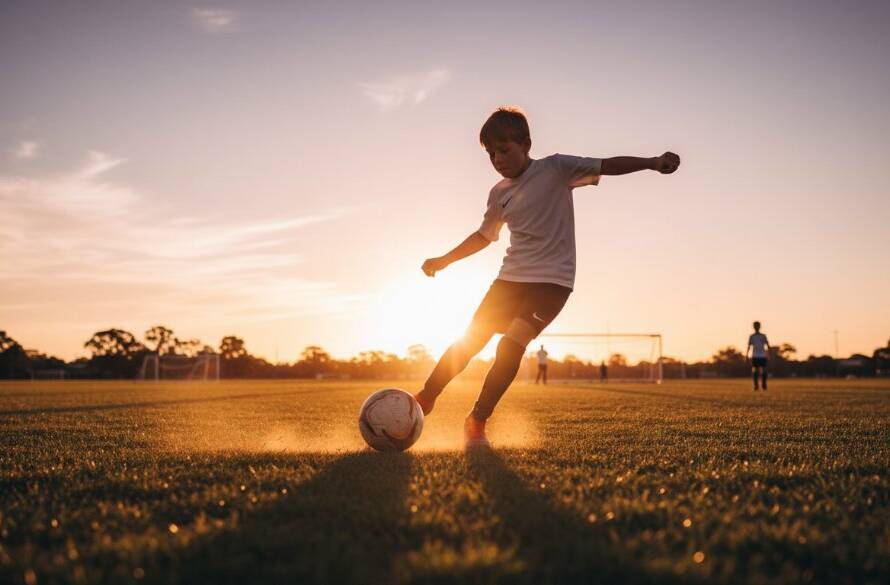 A stunning wide-angle shot capturing the intense focus of a junior soccer player mid-kick during a sunset match at a local oval in Blackburn South, Victoria, showcasing dynamic sports photography in Blackburn South Victoria with dramatic lighting and vibrant colours.