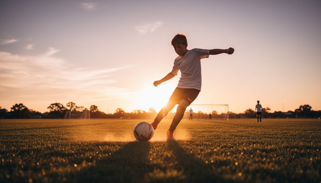 A stunning wide-angle shot capturing the intense focus of a junior soccer player mid-kick during a sunset match at a local oval in Blackburn South, Victoria, showcasing dynamic sports photography in Blackburn South Victoria with dramatic lighting and vibrant colours.