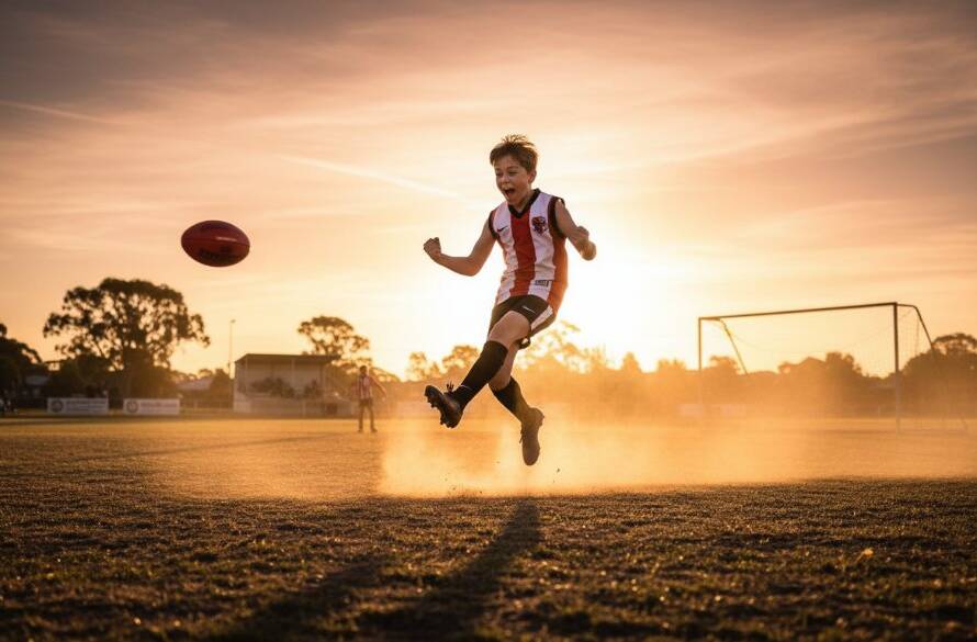 A thrilling, close-up shot of a junior football player in Knoxfield celebrating a goal, captured with dynamic sports photography, showing their triumphant expression and the energy of the game under dramatic stadium lights.