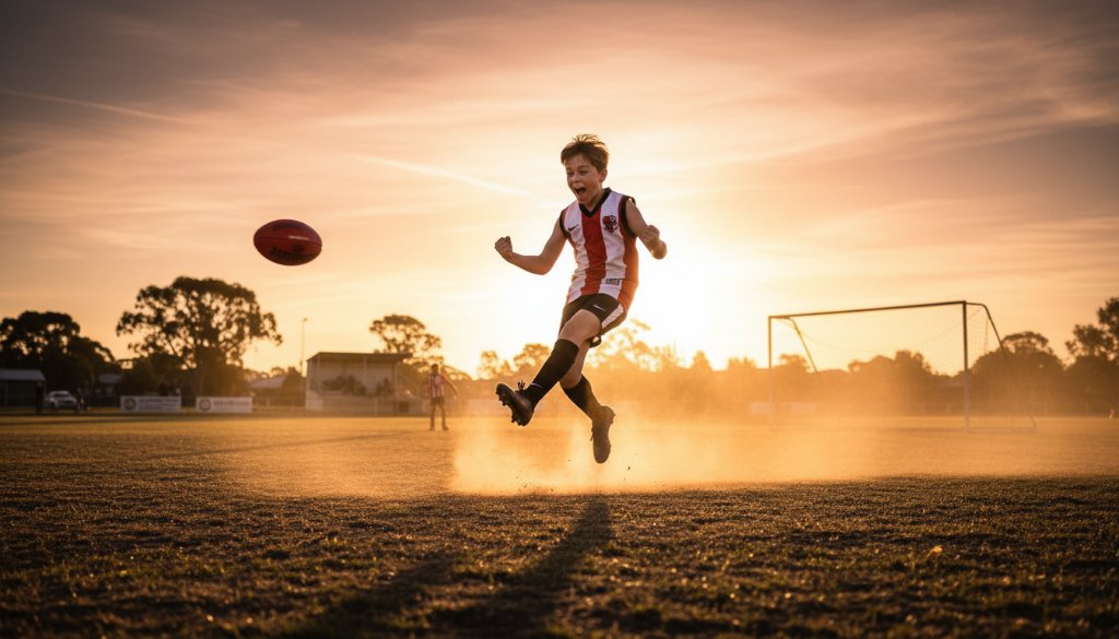 A thrilling, close-up shot of a junior football player in Knoxfield celebrating a goal, captured with dynamic sports photography, showing their triumphant expression and the energy of the game under dramatic stadium lights.