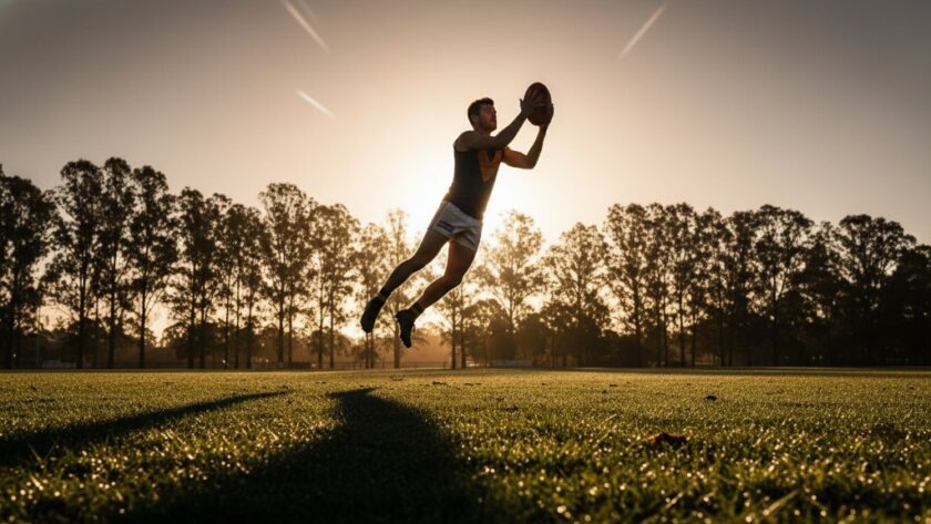 A high-action, dramatic photograph of a local athlete mid-motion, perhaps a footballer kicking or a netballer jumping, against the backdrop of a Churchill sports ground with dramatic, golden hour lighting, embodying dynamic sports photography Churchill Vic.