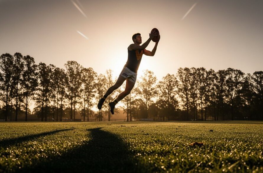 A high-action, dramatic photograph of a local athlete mid-motion, perhaps a footballer kicking or a netballer jumping, against the backdrop of a Churchill sports ground with dramatic, golden hour lighting, embodying dynamic sports photography Churchill Vic.
