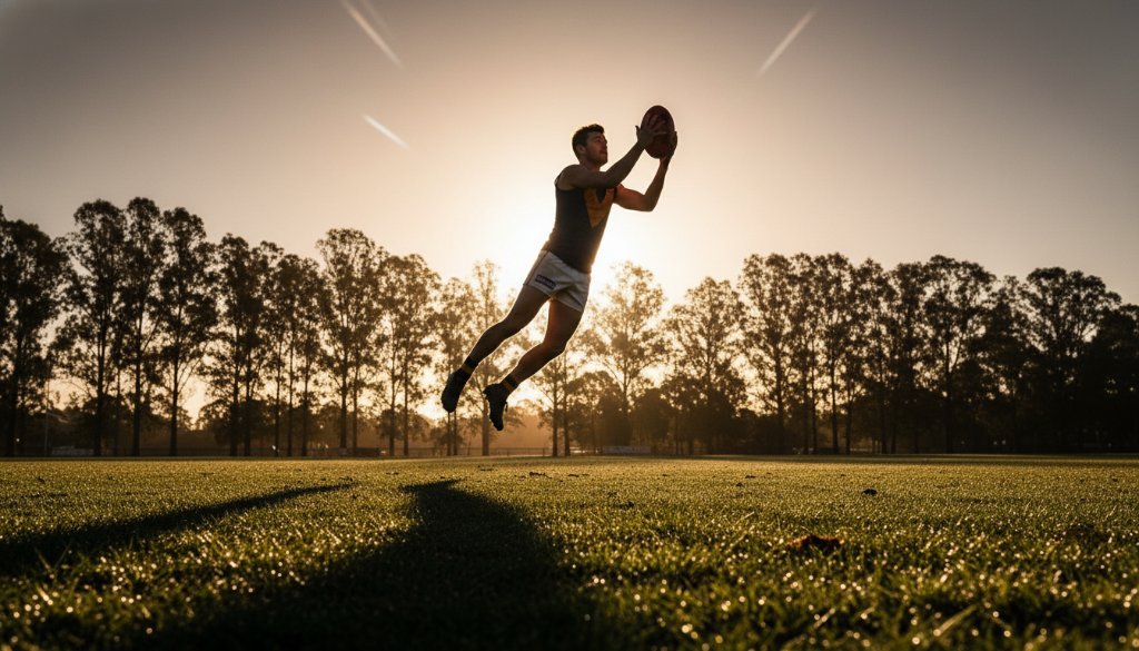 A high-action, dramatic photograph of a local athlete mid-motion, perhaps a footballer kicking or a netballer jumping, against the backdrop of a Churchill sports ground with dramatic, golden hour lighting, embodying dynamic sports photography Churchill Vic.