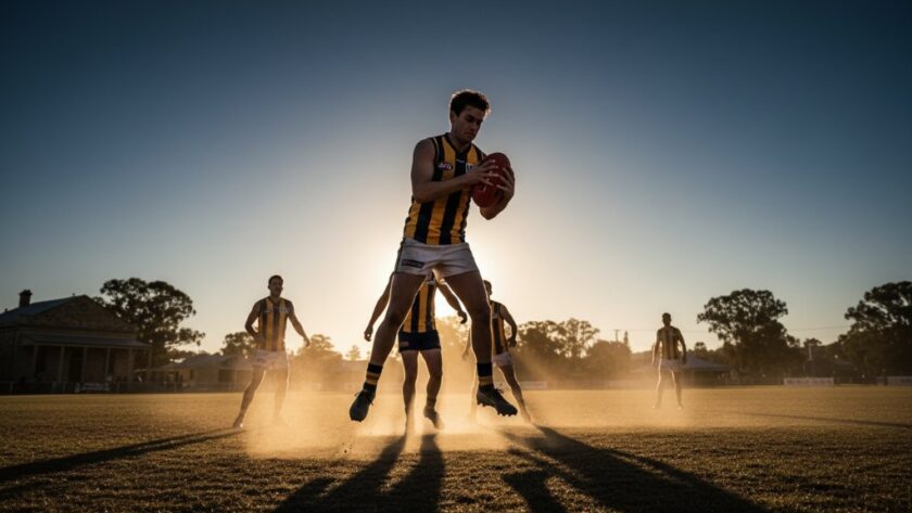 Dynamic sports photography Clunes Victoria capturing a powerful moment: an Australian Rules Football player in mid-air, making a spectacular mark with intense focus, dust kicked up on a sunny Clunes oval, dramatic side lighting highlighting their muscle definition and the intensity of the play.