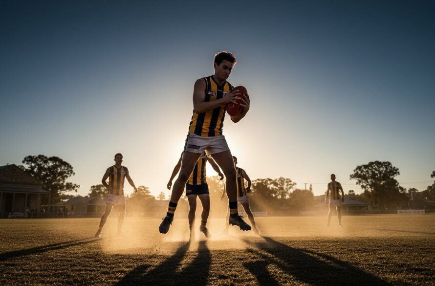 Dynamic sports photography Clunes Victoria capturing a powerful moment: an Australian Rules Football player in mid-air, making a spectacular mark with intense focus, dust kicked up on a sunny Clunes oval, dramatic side lighting highlighting their muscle definition and the intensity of the play.