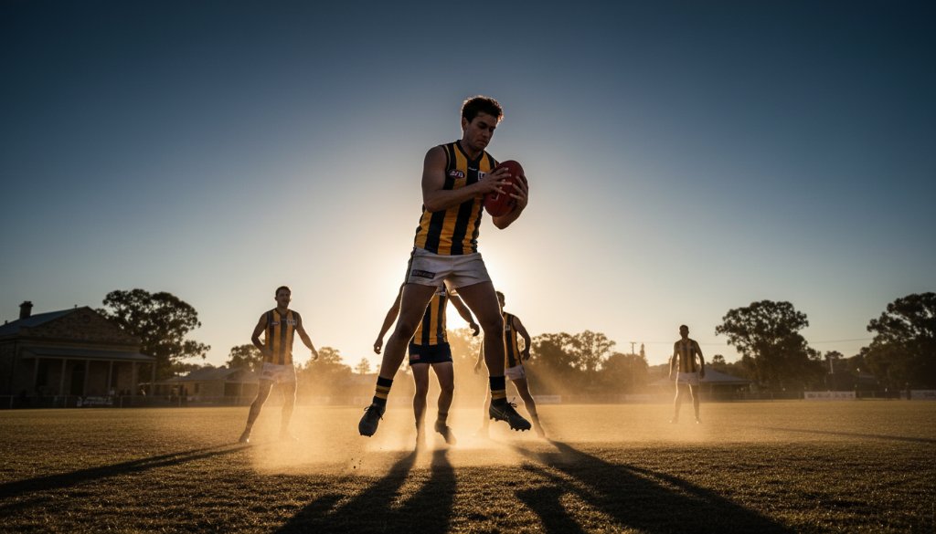 Dynamic sports photography Clunes Victoria capturing a powerful moment: an Australian Rules Football player in mid-air, making a spectacular mark with intense focus, dust kicked up on a sunny Clunes oval, dramatic side lighting highlighting their muscle definition and the intensity of the play.