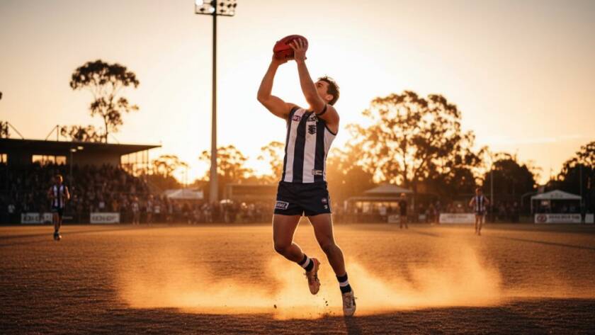 A dynamic sports photography Melton captures moment of a local athlete mid-action, triumphantly celebrating a score in a fast-paced game at a Melton sporting oval, bathed in dramatic golden hour light, showcasing an epic, energetic scene.