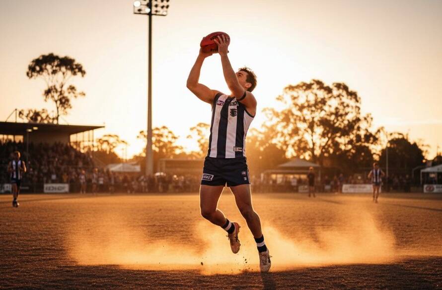 A dynamic sports photography Melton captures moment of a local athlete mid-action, triumphantly celebrating a score in a fast-paced game at a Melton sporting oval, bathed in dramatic golden hour light, showcasing an epic, energetic scene.