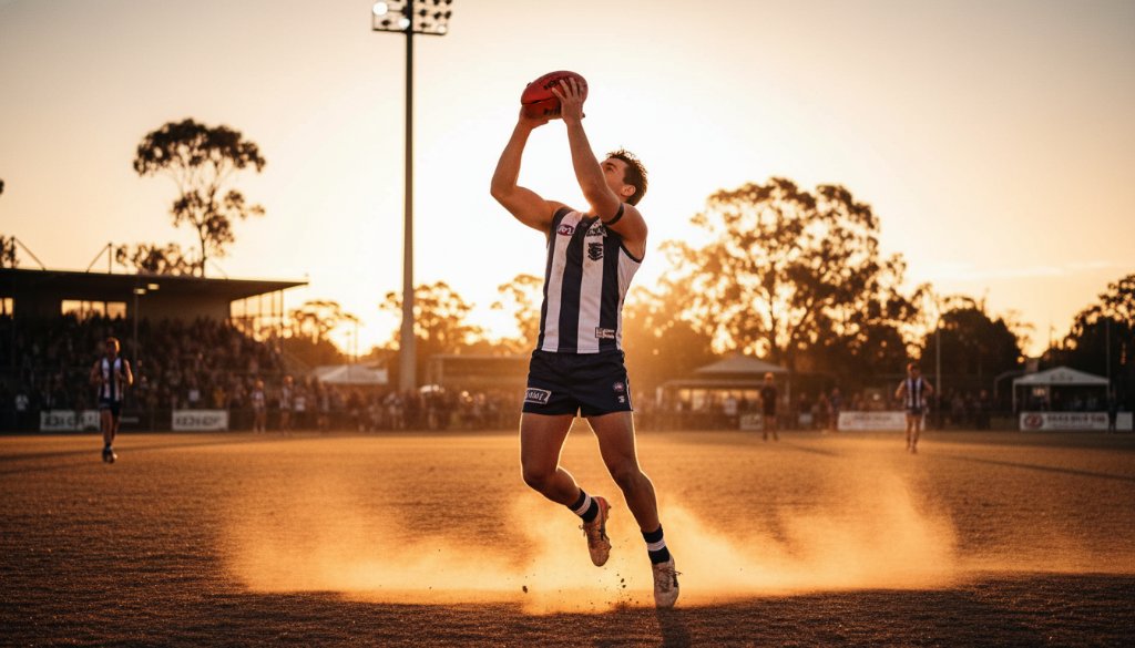 A dynamic sports photography Melton captures moment of a local athlete mid-action, triumphantly celebrating a score in a fast-paced game at a Melton sporting oval, bathed in dramatic golden hour light, showcasing an epic, energetic scene.