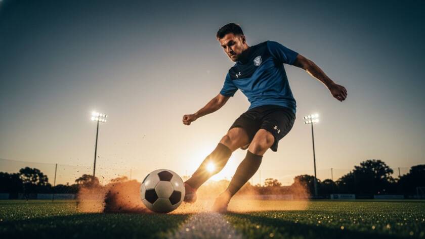 A dramatic, low-angle photograph capturing a peak action moment in Noble Park, Victoria, showcasing the intense focus of an athlete mid-jump or mid-stride, perfectly illustrating dynamic sports photography Noble Park Victoria. The athlete is silhouetted against a bright stadium light or setting sun, with motion blur on the background adding to the sense of speed and power, professional colour grading enhancing the heroic feel.
