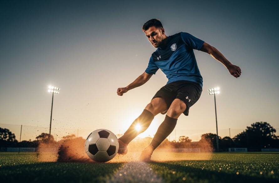 A dramatic, low-angle photograph capturing a peak action moment in Noble Park, Victoria, showcasing the intense focus of an athlete mid-jump or mid-stride, perfectly illustrating dynamic sports photography Noble Park Victoria. The athlete is silhouetted against a bright stadium light or setting sun, with motion blur on the background adding to the sense of speed and power, professional colour grading enhancing the heroic feel.