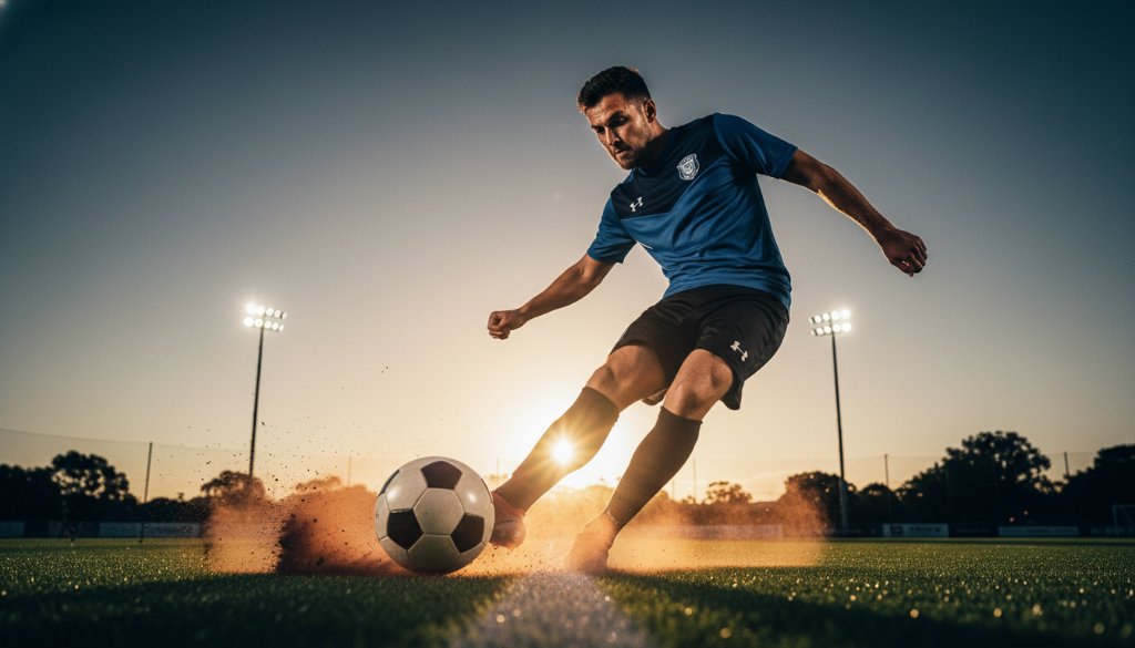 A dramatic, low-angle photograph capturing a peak action moment in Noble Park, Victoria, showcasing the intense focus of an athlete mid-jump or mid-stride, perfectly illustrating dynamic sports photography Noble Park Victoria. The athlete is silhouetted against a bright stadium light or setting sun, with motion blur on the background adding to the sense of speed and power, professional colour grading enhancing the heroic feel.