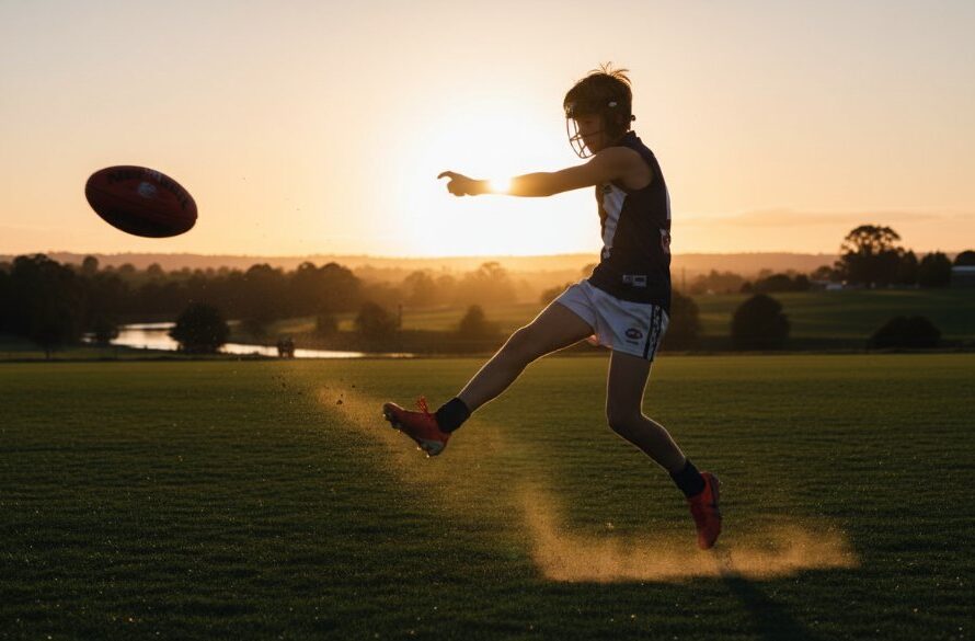 Dynamic sports photography Orbost Victoria capturing an epic moment: a junior footballer mid-air, kicking for goal on a sunny Orbost oval, dramatic lighting, professional shot.