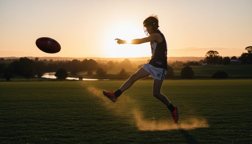 Dynamic sports photography Orbost Victoria capturing an epic moment: a junior footballer mid-air, kicking for goal on a sunny Orbost oval, dramatic lighting, professional shot.