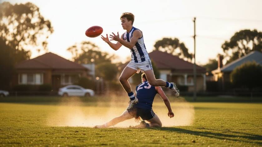 A breathtaking, wide-angle, action shot capturing a soccer player mid-air, scoring a goal at a local Seddon park during golden hour, showcasing dynamic sports photography Seddon Victoria with dramatic lighting and vibrant colours.