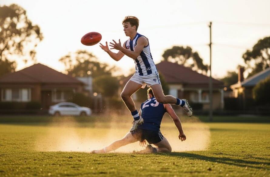 A breathtaking, wide-angle, action shot capturing a soccer player mid-air, scoring a goal at a local Seddon park during golden hour, showcasing dynamic sports photography Seddon Victoria with dramatic lighting and vibrant colours.