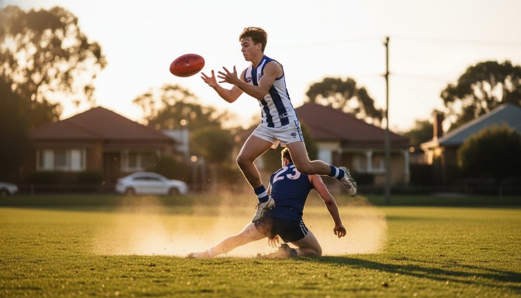 A breathtaking, wide-angle, action shot capturing a soccer player mid-air, scoring a goal at a local Seddon park during golden hour, showcasing dynamic sports photography Seddon Victoria with dramatic lighting and vibrant colours.