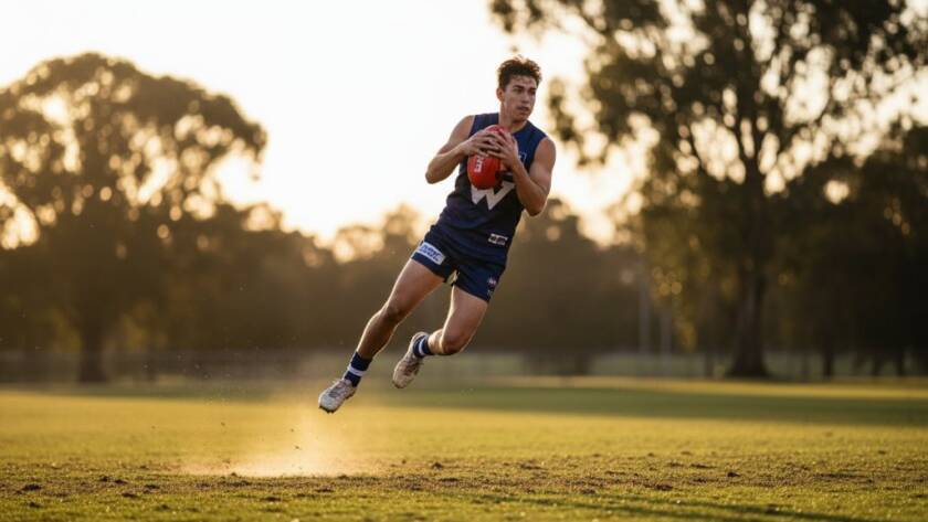 An epic moment of an Australian Rules Football player mid-air, taking a spectacular mark during dynamic sports photography Werribee action, with blurred Werribee River gums in the background, dramatic golden hour lighting.