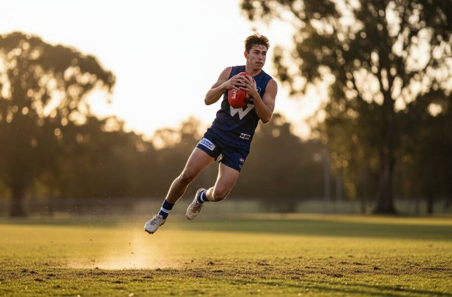 An epic moment of an Australian Rules Football player mid-air, taking a spectacular mark during dynamic sports photography Werribee action, with blurred Werribee River gums in the background, dramatic golden hour lighting.