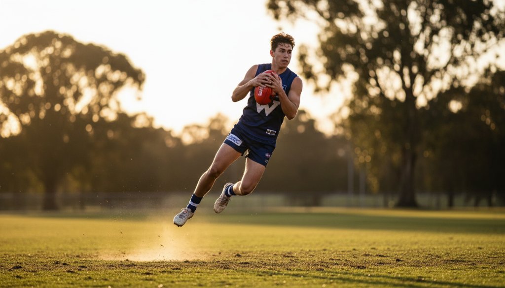 An epic moment of an Australian Rules Football player mid-air, taking a spectacular mark during dynamic sports photography Werribee action, with blurred Werribee River gums in the background, dramatic golden hour lighting.