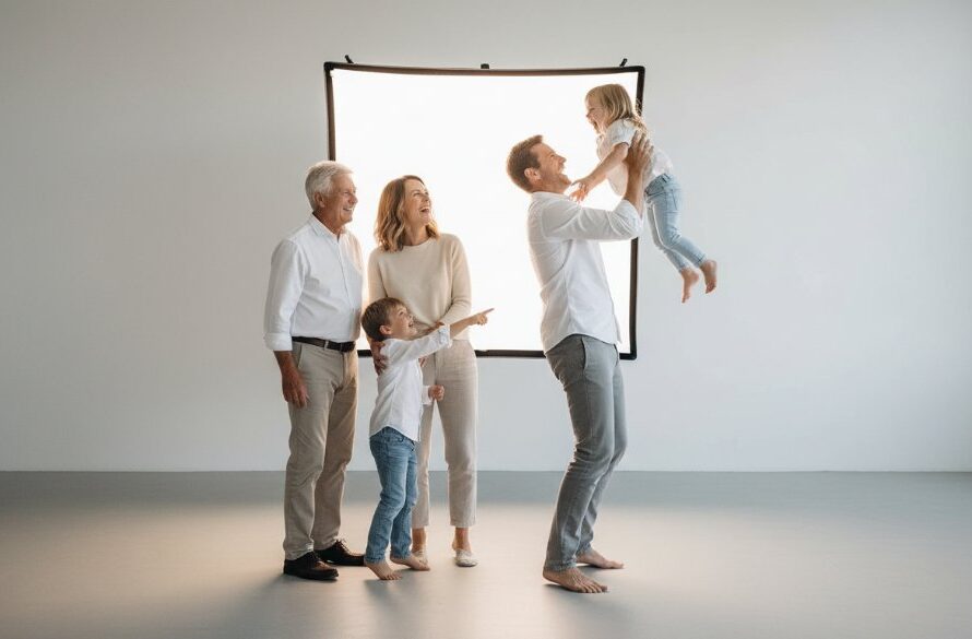 A heartwarming, candid moment capturing dynamic studio family photos North Geelong, showing a family laughing together in a beautifully lit, modern studio setting, with warm, professional lighting highlighting their joy.