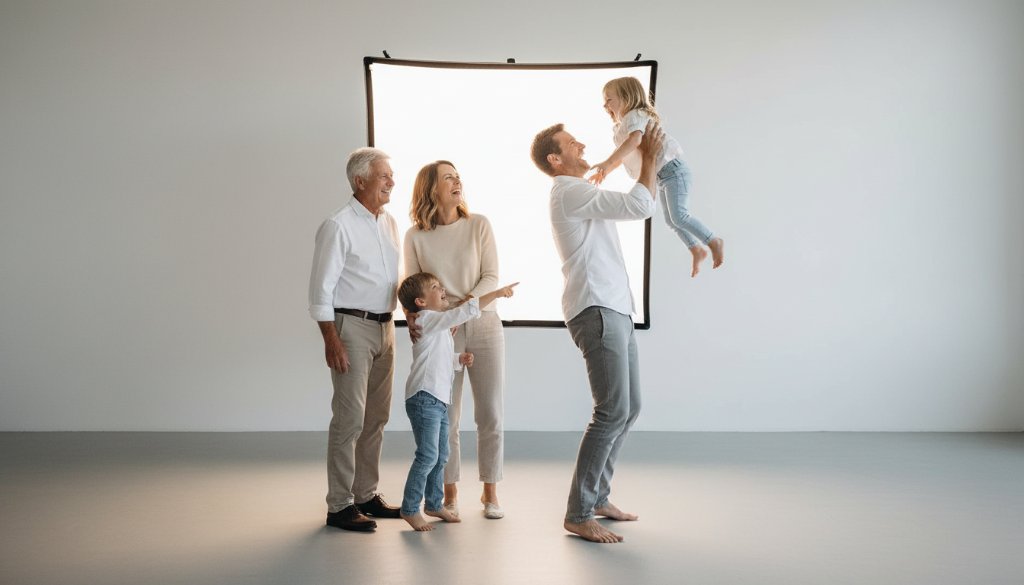 A heartwarming, candid moment capturing dynamic studio family photos North Geelong, showing a family laughing together in a beautifully lit, modern studio setting, with warm, professional lighting highlighting their joy.