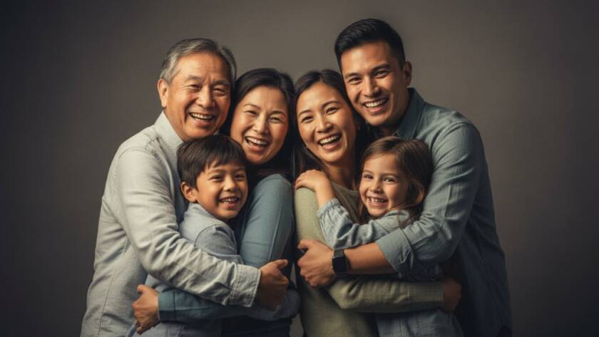 An emotionally resonant, epic moment captured through dynamic studio photography Springvale creating lasting memories, featuring a joyous multi-generational Springvale family laughing together against a softly lit, dramatic backdrop, professionally colour-graded with a cinematic feel.