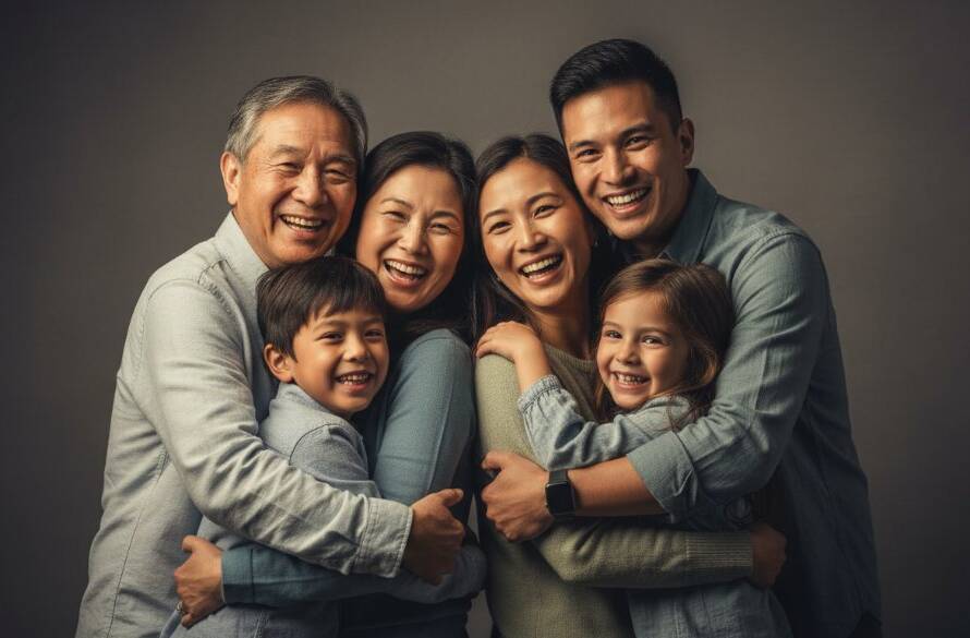 An emotionally resonant, epic moment captured through dynamic studio photography Springvale creating lasting memories, featuring a joyous multi-generational Springvale family laughing together against a softly lit, dramatic backdrop, professionally colour-graded with a cinematic feel.