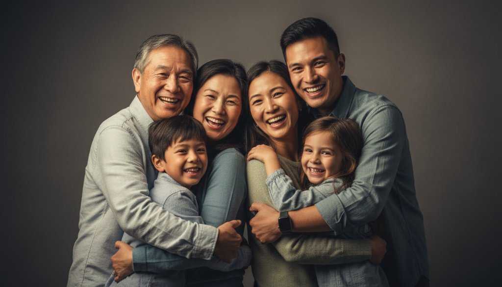 An emotionally resonant, epic moment captured through dynamic studio photography Springvale creating lasting memories, featuring a joyous multi-generational Springvale family laughing together against a softly lit, dramatic backdrop, professionally colour-graded with a cinematic feel.