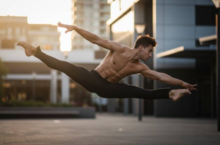An exquisite and dynamic Sydenham dance photography shot featuring a contemporary dancer mid-air, bathed in dramatic golden hour light against a blurred urban Sydenham backdrop, capturing an epic moment of athletic grace and artistic expression.