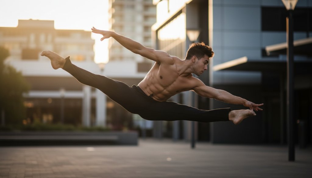 An exquisite and dynamic Sydenham dance photography shot featuring a contemporary dancer mid-air, bathed in dramatic golden hour light against a blurred urban Sydenham backdrop, capturing an epic moment of athletic grace and artistic expression.