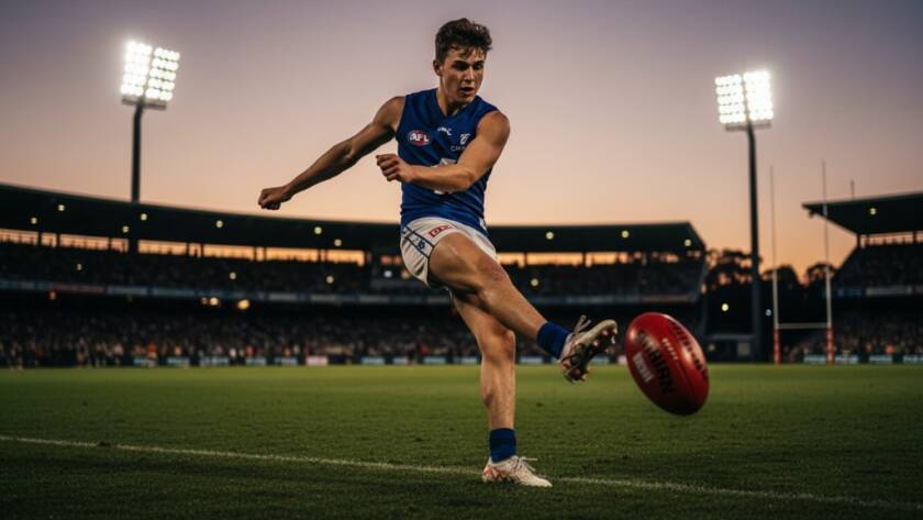 Dynamic Templestowe sports photography for local teams capturing a young Australian Rules Football player in mid-air, kicking a goal under dramatic evening lights at a Templestowe oval, silhouetted against a blurred crowd, showcasing an epic moment of victory and determination.